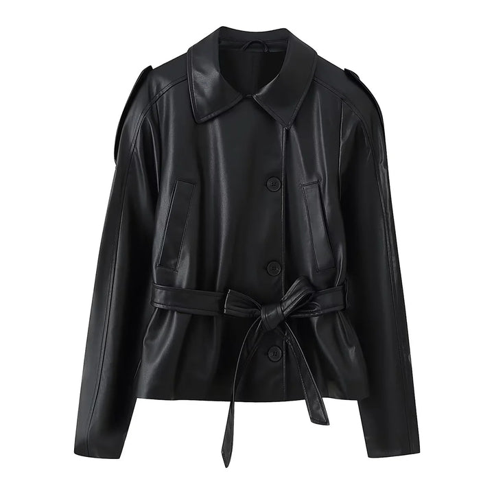 Damen Kunstlederjacke mit eleganten Knopfdetails und Gürteldesign Drune