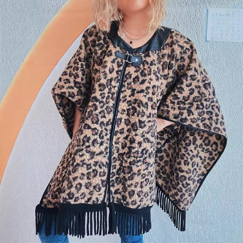 Damen modischer Poncho mit Fransen und tierischem Print Drune