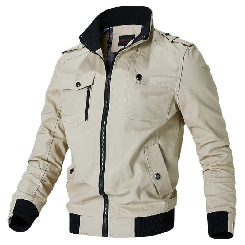 Herren nan taillierte Canvas-Bomberjacke mit Stehkragen, Reißverschlussfront, Schulterpatten und funktionalen Taschen Drune