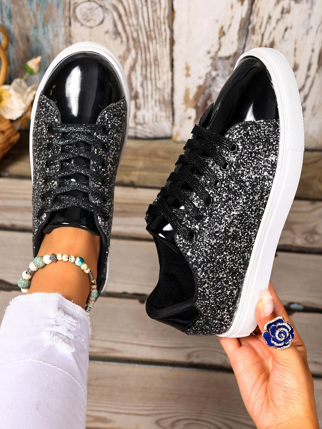 Damen Glitzernde Sneakers mit verspiegelter Zehenkappe und bequemer Polsterung Drune