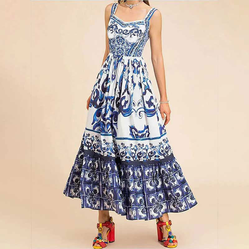 Damen Maxikleid mit aufwendigem ornamentalen Design und weit schwingendem Rock Drune