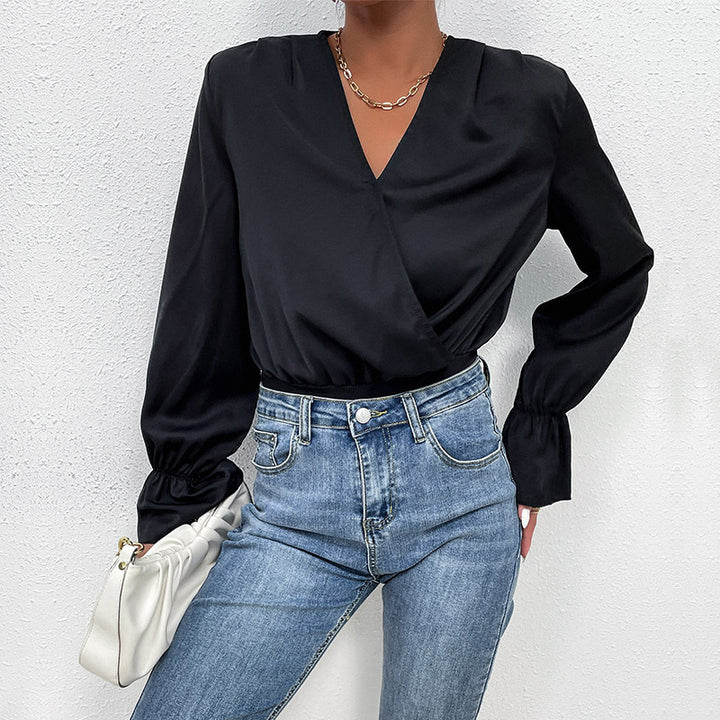 Damen eleganter Body mit V-Ausschnitt und voluminösen Ärmeln Drune
