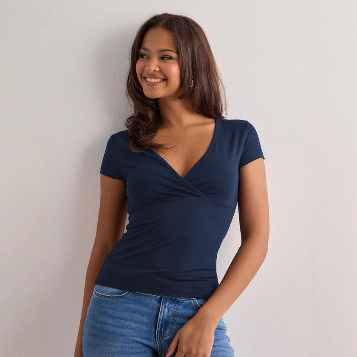 Damen Stilvolles Wickel V-Ausschnitt Top Drune