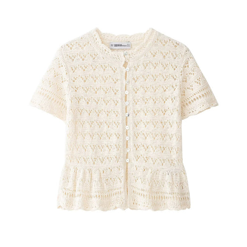 Damen feine Kurzarm-Bluse mit romantischem Spitzenmuster Drune