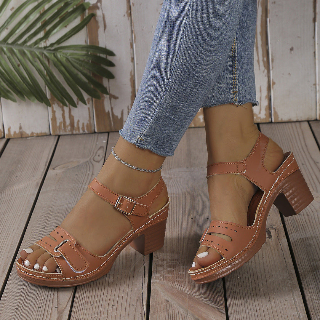 Damen modische Sandaletten mit eleganter Schnalle und Holz-Blockabsatz Drune