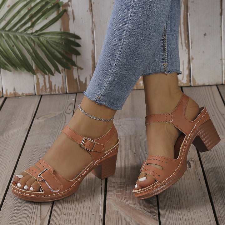 Damen modische Sandaletten mit eleganter Schnalle und Holz-Blockabsatz Drune