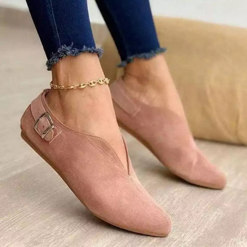 Damen nan spitz zulaufende Slipper mit V-Ausschnitt und seitlicher Metallschnalle Velourslederoptik Drune