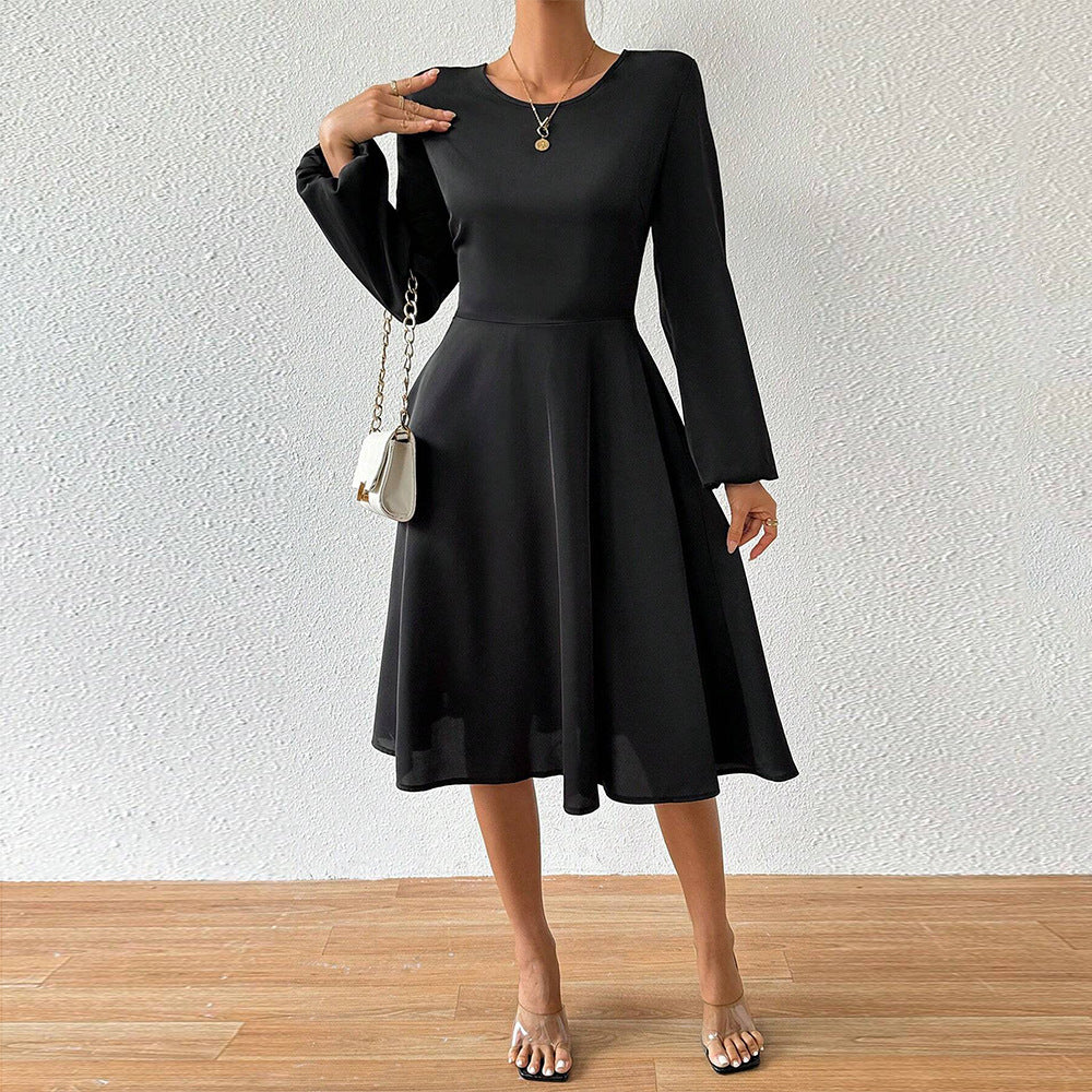 Damen A-linien Kleid mit elegantem Rundhalsausschnitt und weiten Ärmeln Drune