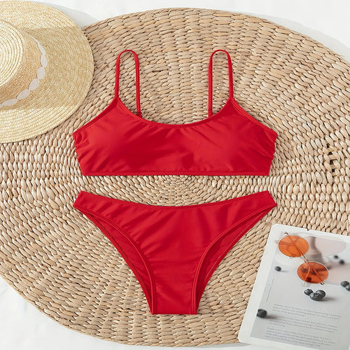 Damen Hochtailliertes Bikini-Set mit schmalen Trägern und elastischem Bund Drune