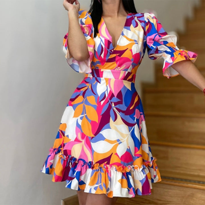 Damen Sommerkleid mit voluminösen Puffärmeln und fröhlichem Rüschen-Saum Drune