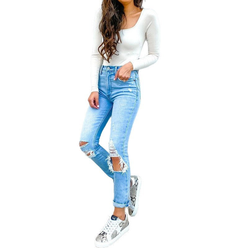Damen Hochtaillierte Skinny Jeans mit modischen Rissen Drune