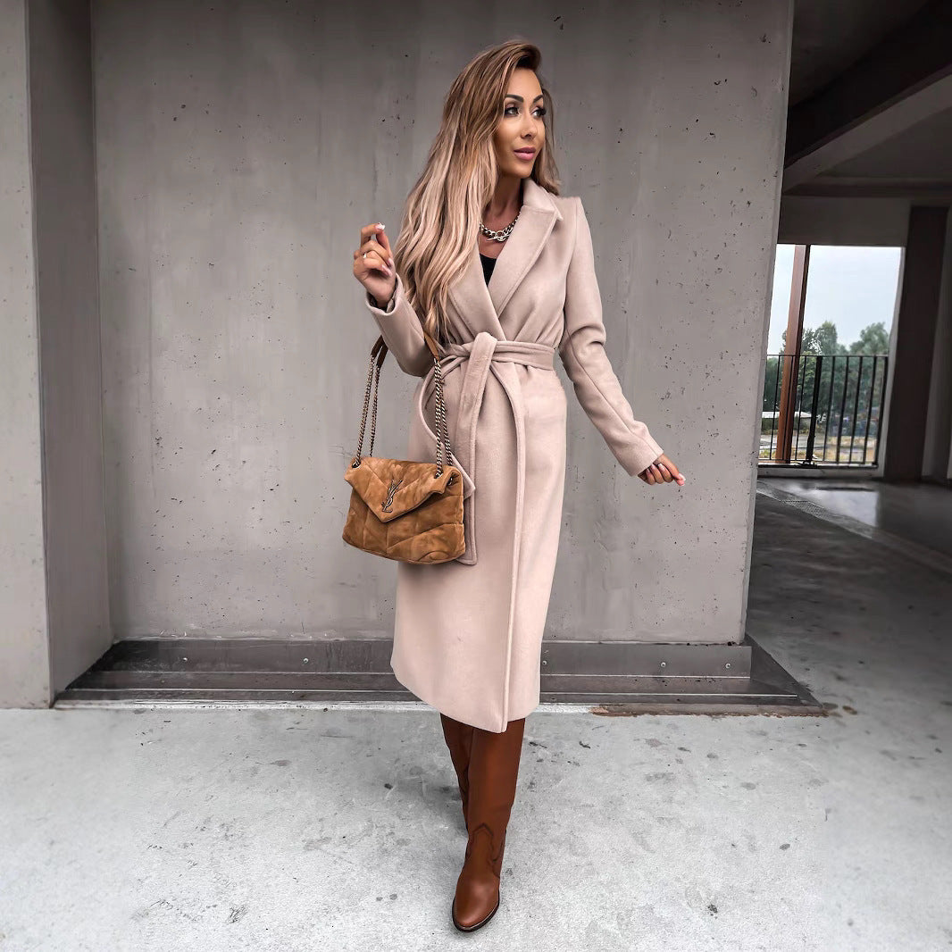 Damen eleganter langärmeliger Wollmantel mit Taillengürtel Drune