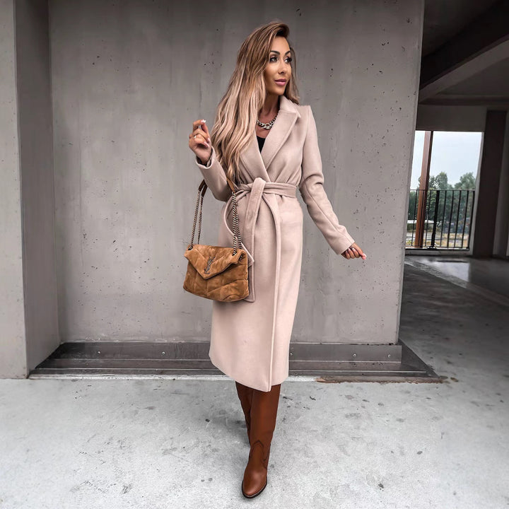 Damen eleganter langärmeliger Wollmantel mit Taillengürtel Drune