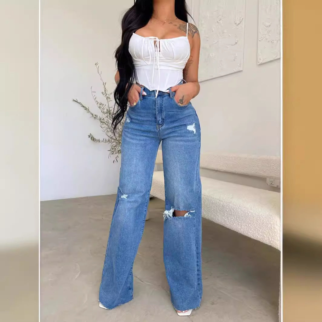 Damen Weit geschnittene Jeans mit distressed Details und hohem Bund Drune