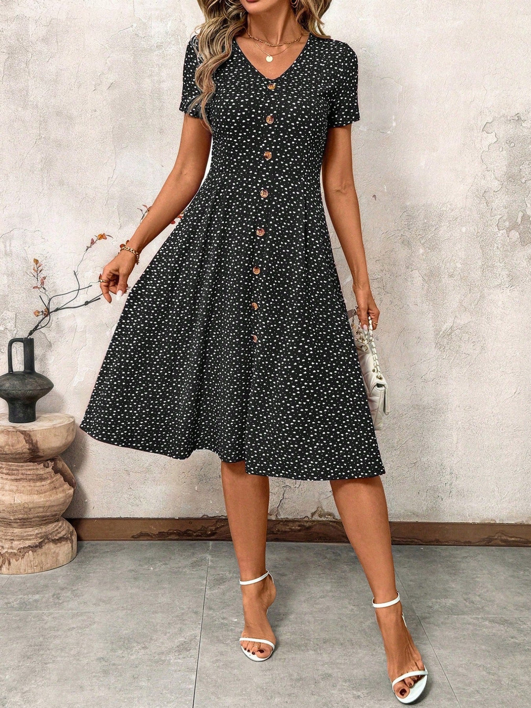 Damen Knielanges Kleid mit dekorativen Knöpfen und V-Ausschnitt Drune