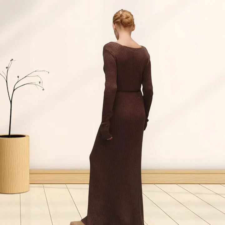 Damen Langarm-Strickkleid mit tiefem V-Ausschnitt und figurbetonter Silhouette Drune