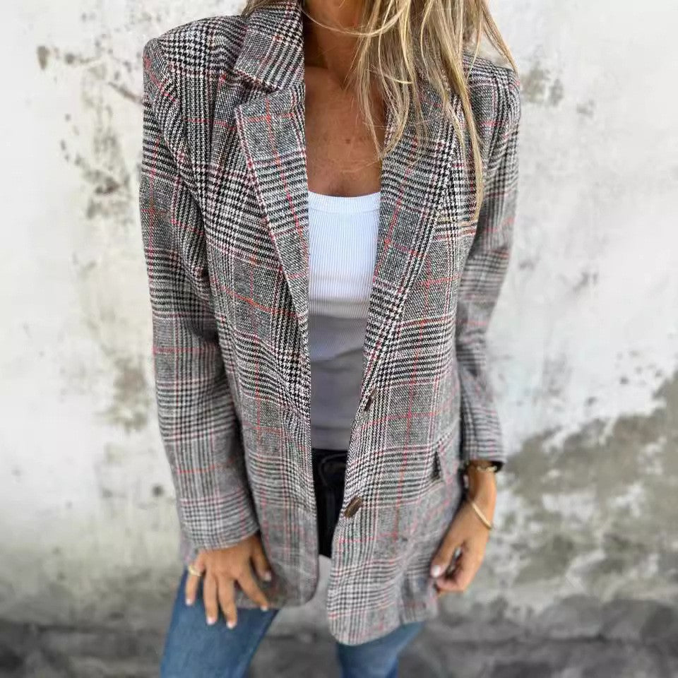 Damen nan oversized Karoblazer mit Reverskragen und aufgesetzten Taschen Drune
