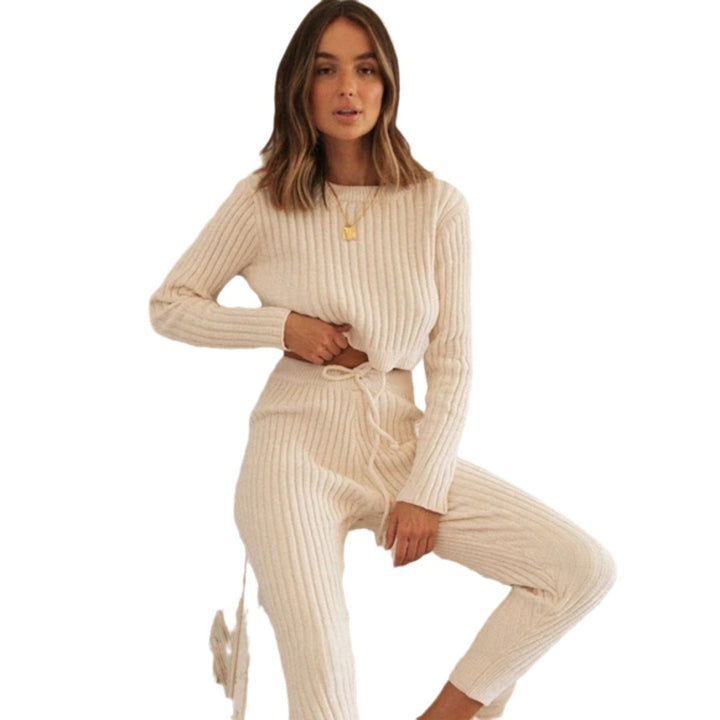 Damen lässiges Strick-Loungewear-Set mit hohem Bund und Kordelzug Drune