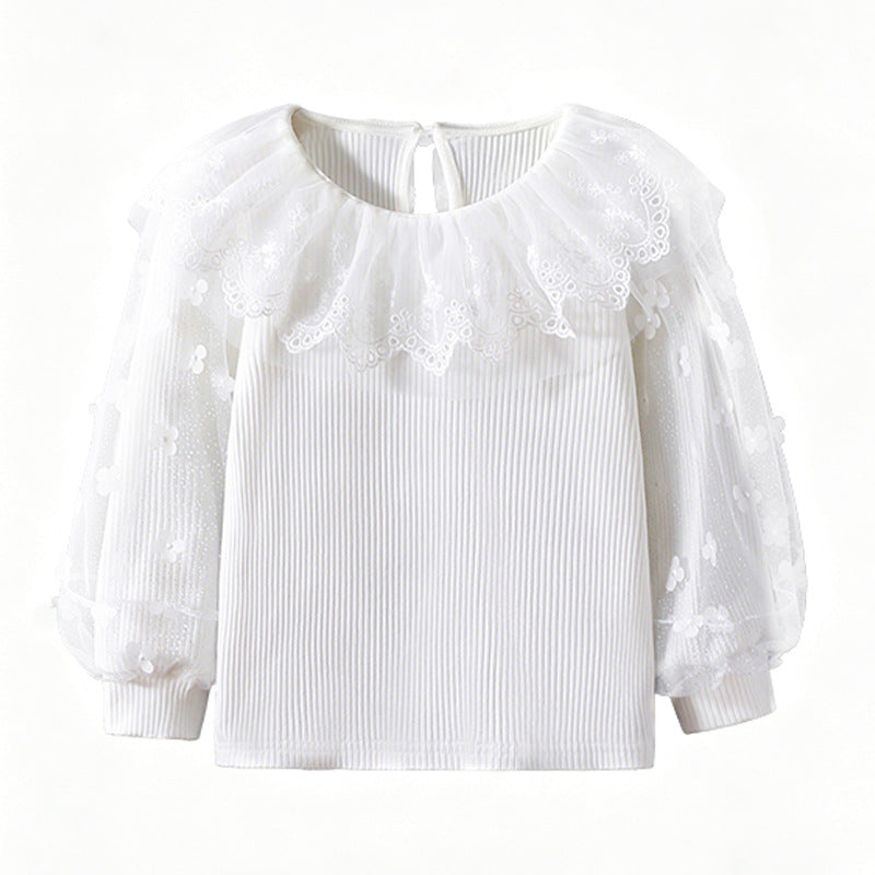 Mädchen Bluse mit floralen Spitzenärmeln und Rüschenbesatz Drune