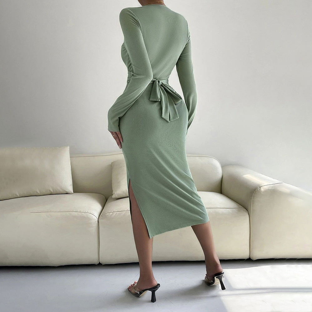 Damen figurbetontes Wickelkleid mit langen Ärmeln und elegantem Raffungseffekt Drune