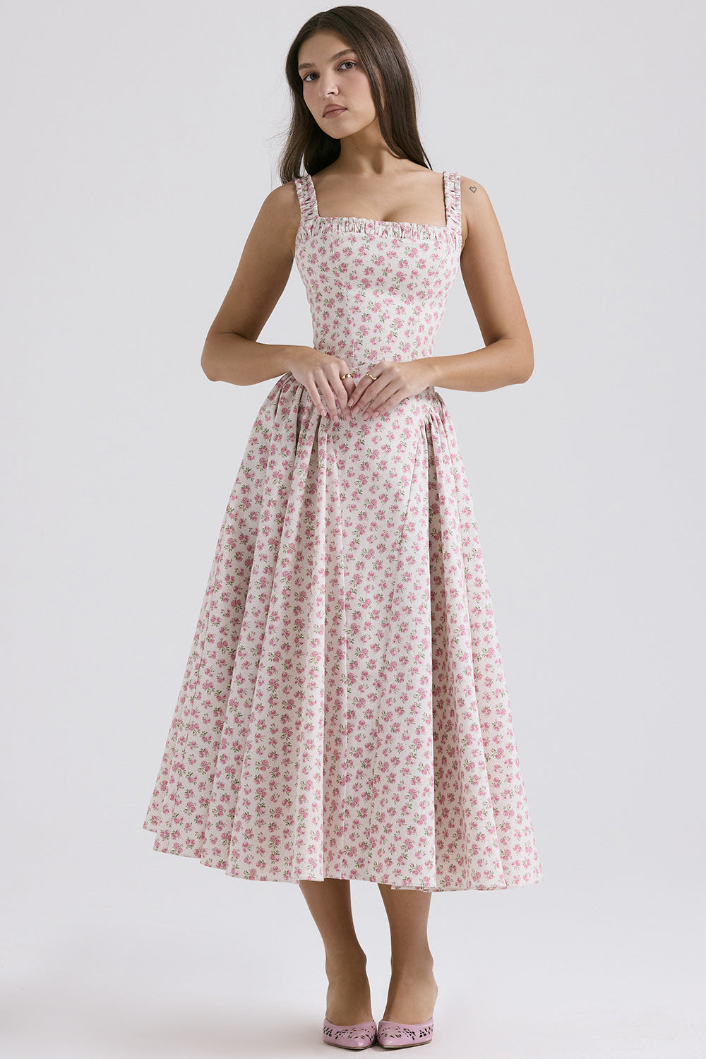Damen Midi-Kleid mit floralem Muster und angeschnittenem Rock Drune