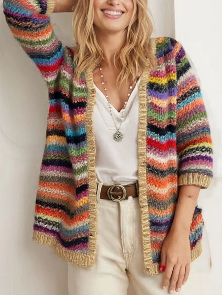 Damen trendige Strickjacke mit buntem Zickzack-Muster und fransigen Abschlüssen Drune