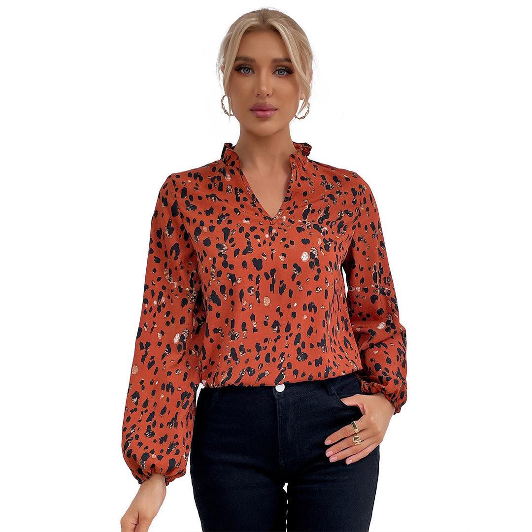 Damen Bluse mit floralem Leopardenmuster und voluminösen Ärmeln Drune