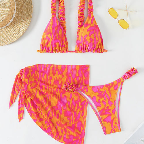 Damen Triangel-Bikini-Set mit Rüschendetails und trendiger Wickel-Tunika Drune