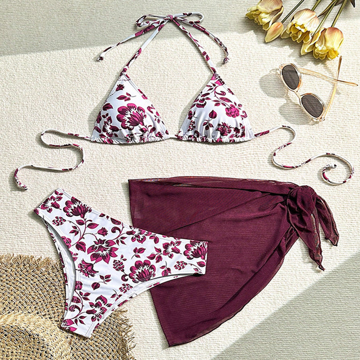 Damen Triangel-Bikini-Set mit floralem Muster und passendem Wickelrock Drune
