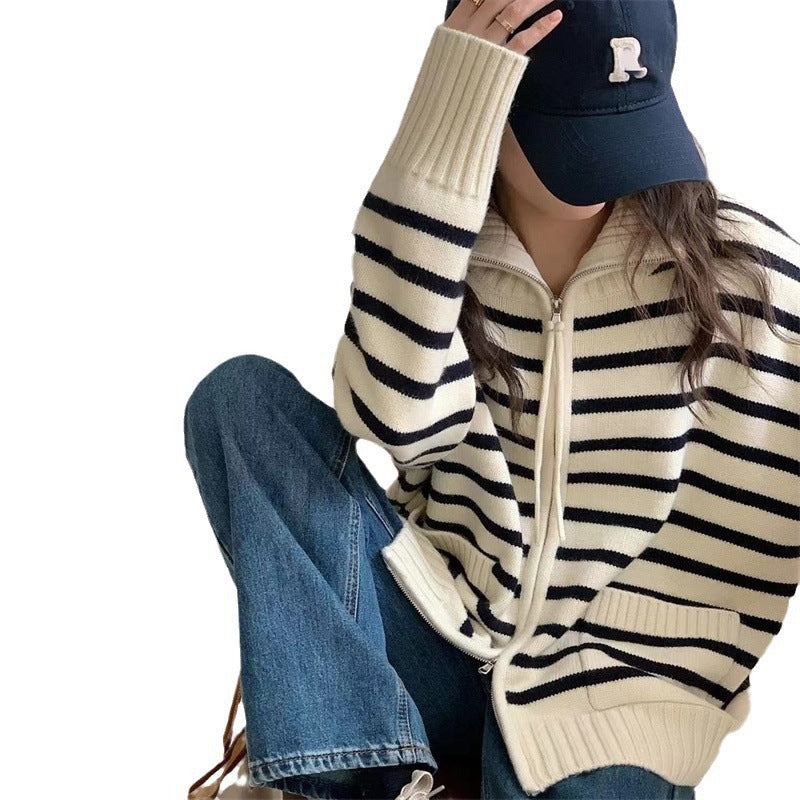 Damen Strickjacke mit modernem Streifenmuster und praktischen Taschen Drune