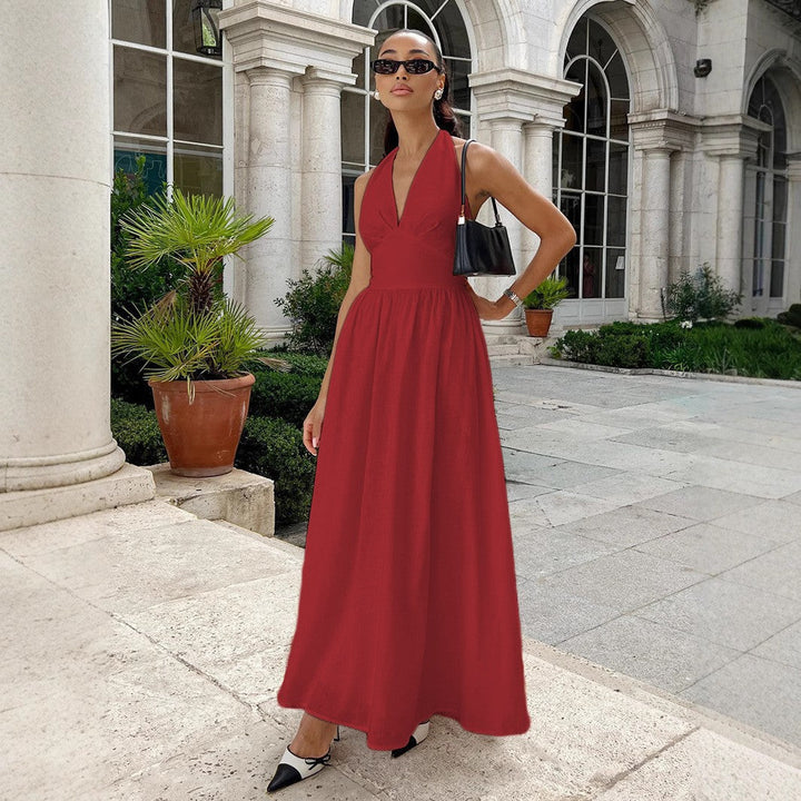 Damen Maxikleid mit tieferem V-Ausschnitt und fließendem Rock Drune