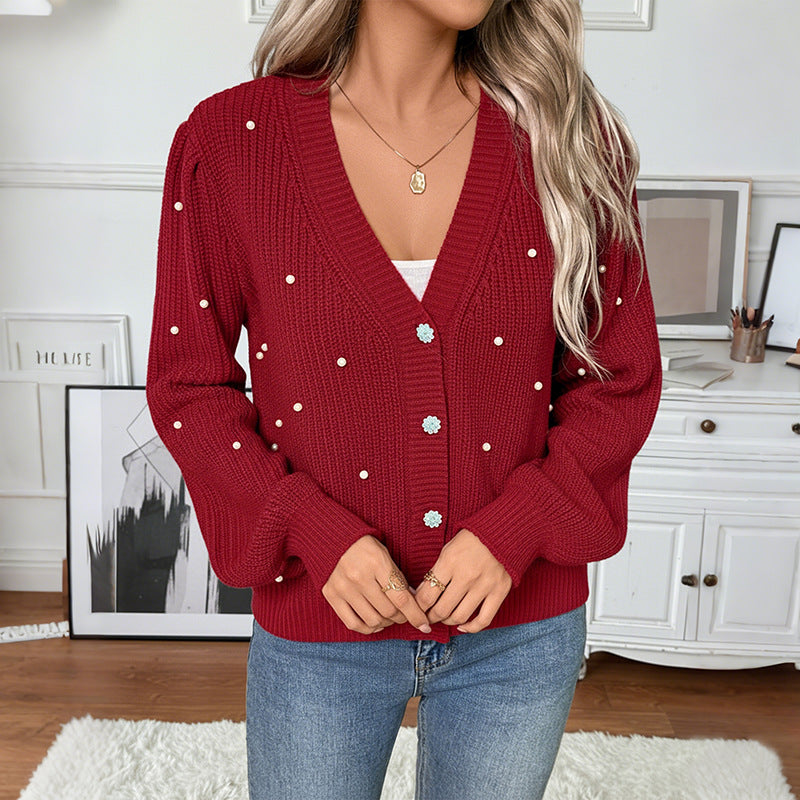 Damen gestrickte Cardigan mit dekorativen Perlen Drune