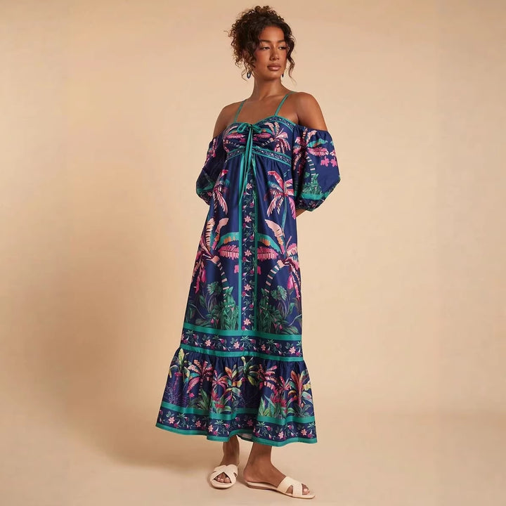 Damen Maxikleid mit schulterfreiem Design und tropischem Druck Drune