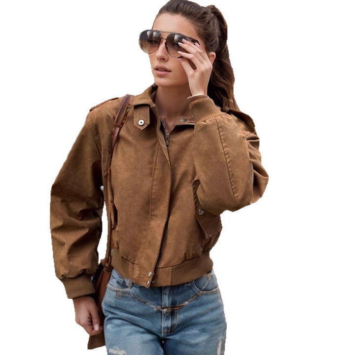 Damen lässige Kurzjacke mit voluminösen Ärmeln und Reißverschluss Drune