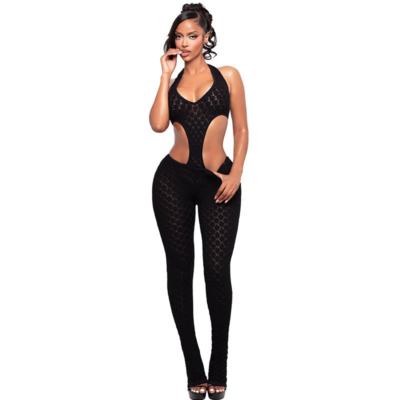 Damen Cut-Out Bodycon Overall mit tiefem V-Ausschnitt und transparenter Häkelstruktur Drune