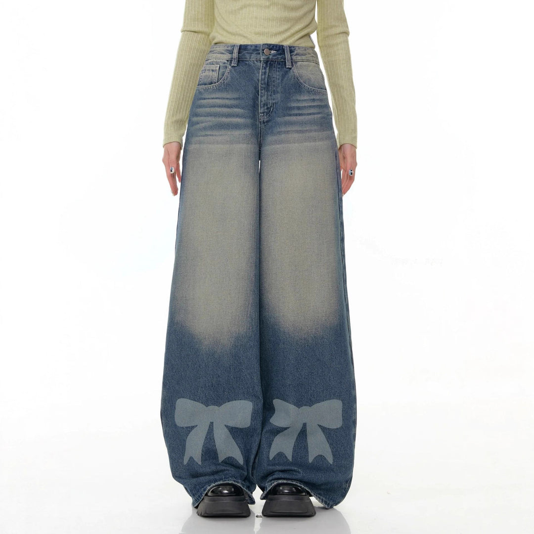 Damen nan hochtaillierte Palazzohose aus Denim mit extra weitem Bein und Schleifenprint Drune