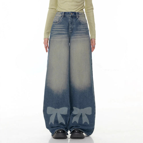 Damen nan hochtaillierte Palazzohose aus Denim mit extra weitem Bein und Schleifenprint Drune