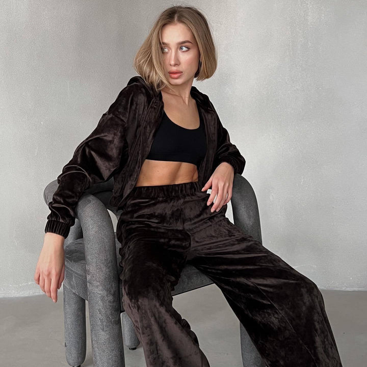 Damen Sportlicher Fleece-Jogginganzug mit hohem Kragen und weiten Ärmeln Drune