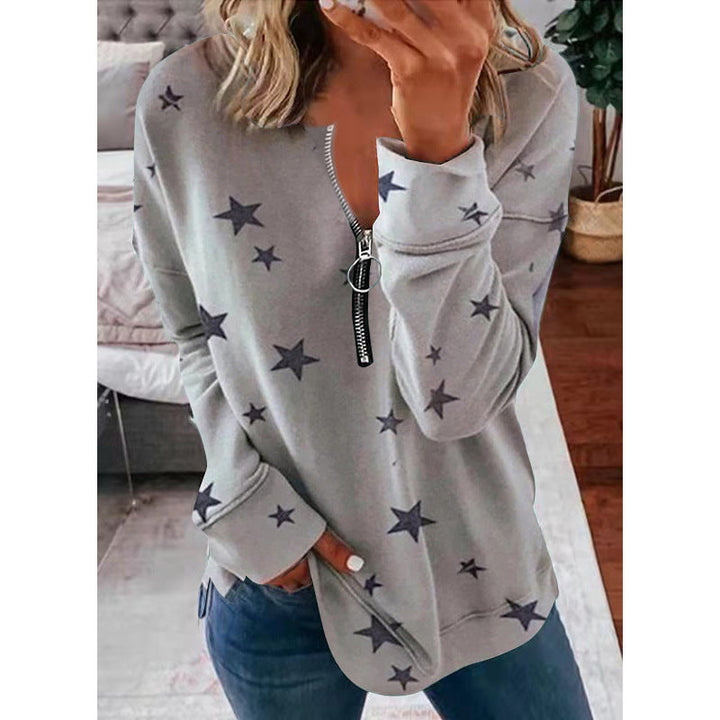 Damen Lässiger Sweatshirt mit Reißverschluss und Sternenmotiv Drune