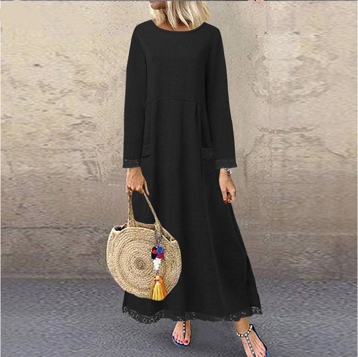 Damen nan Maxikleid mit lockerem A‑Linien Schnitt, Rundhalsausschnitt, aufgesetzten Eingrifftaschen und zierlichem Spitzenbesatz Drune