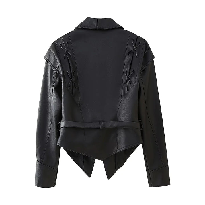 Damen modische Kunstlederjacke mit dekorativer Schnürung und zeitgemäßem Schnitt Drune