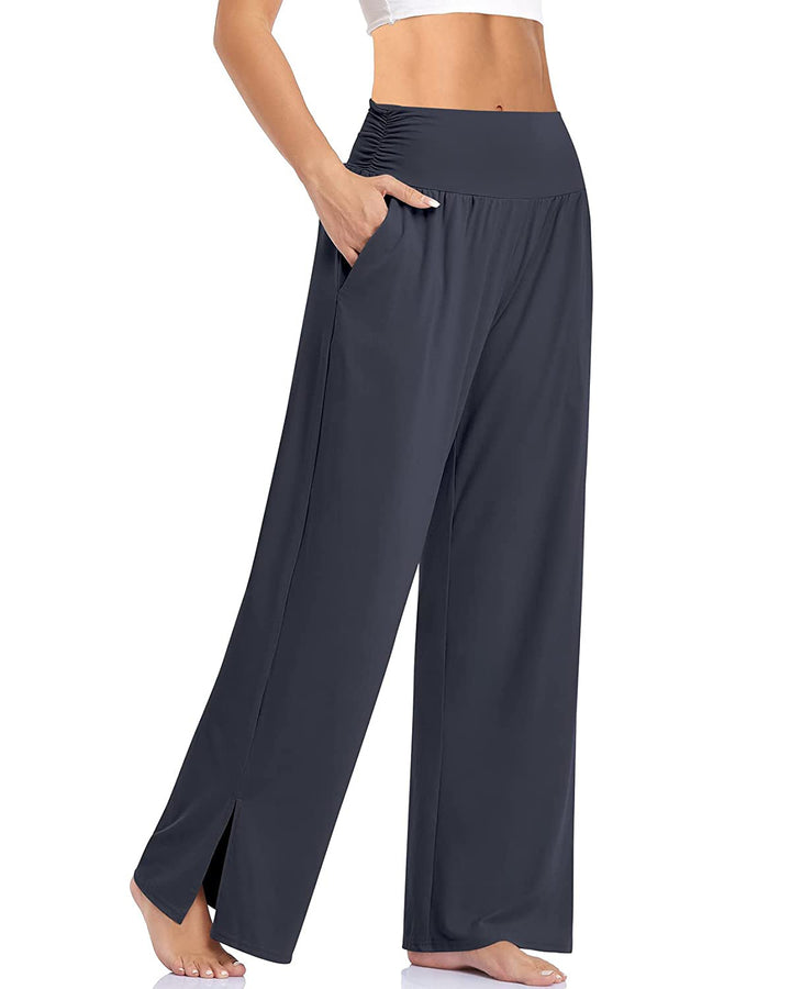Damen nan weite Yogahose mit hohem Komfortbund, seitlichen Eingrifftaschen und seitlichem Bein-Schlitz Drune