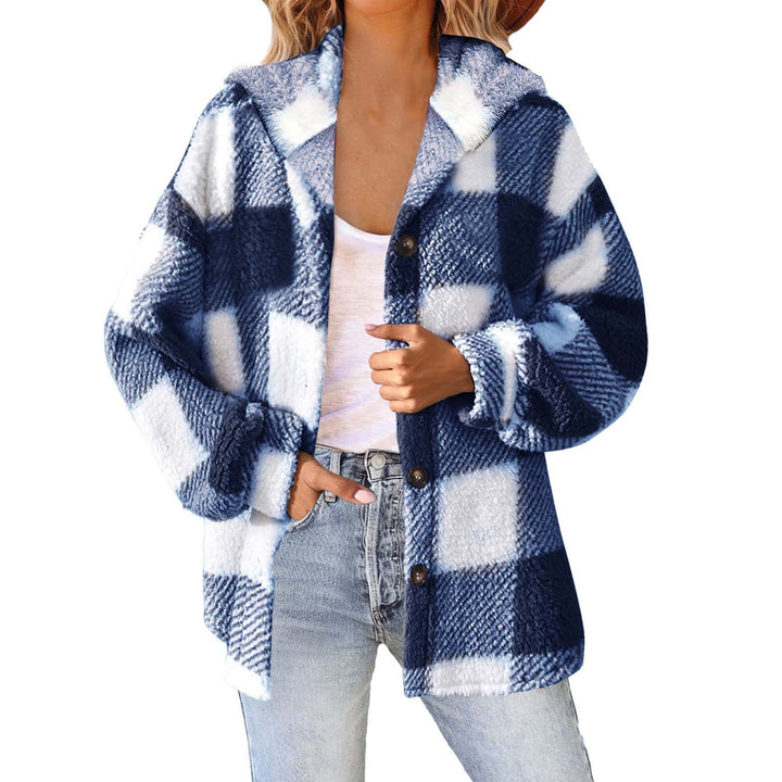 Damen nan kuschelige karierte Teddyjacke mit Kapuze, Knopfverschluss und oversized Schnitt Drune