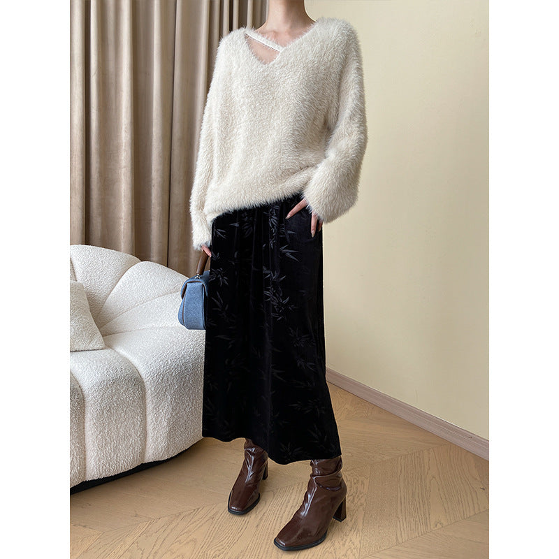 Damen Eleganter Midirock aus samtigem Material mit floralem Design Drune