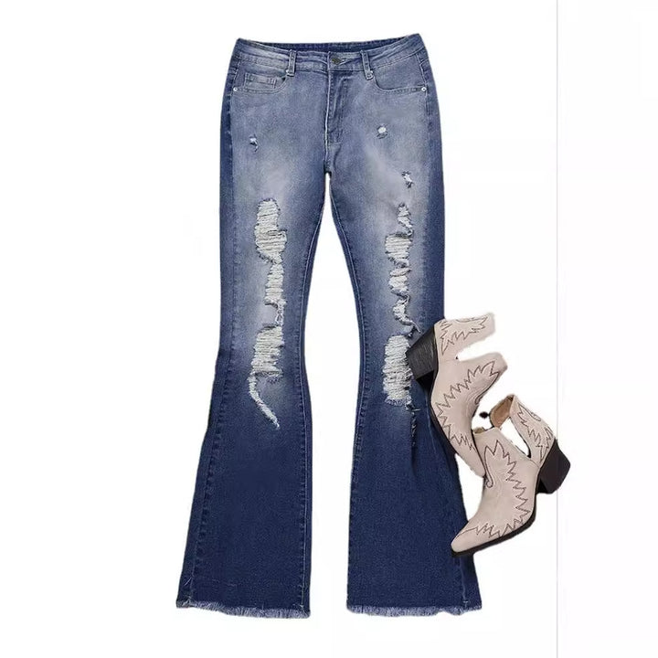Damen Flared Jeans mit Destroyed-Effekten und fransigem Saum Drune