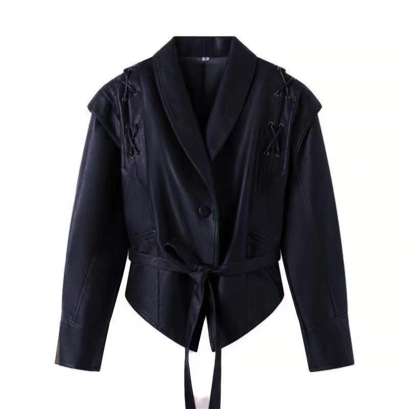 Damen Lederblazer mit dekorativen Schnürungen Drune