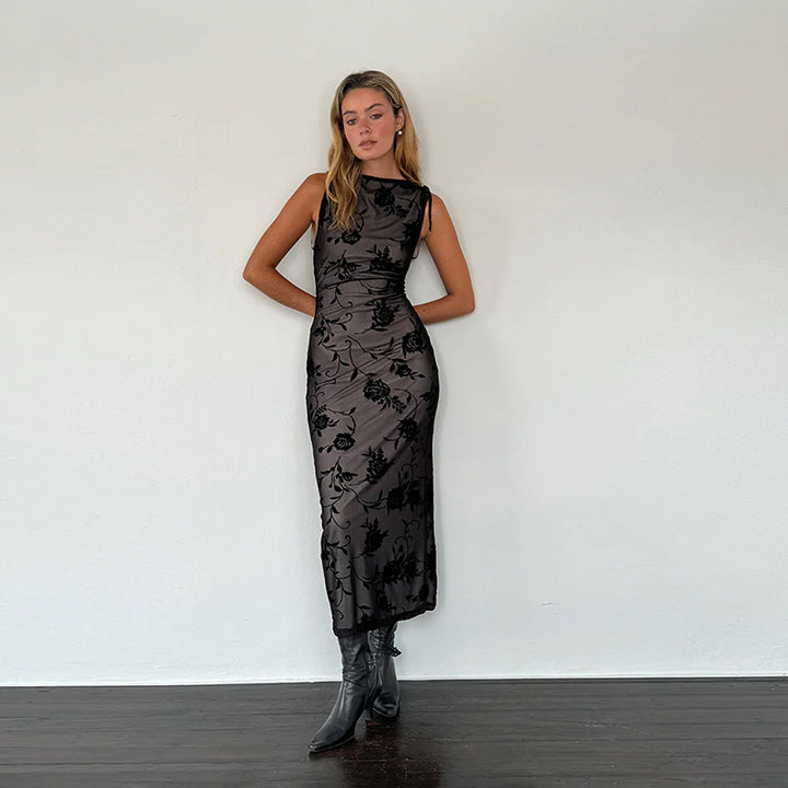 Damen Maxikleid mit floraler Spitzenverzierung und figurbetonter Silhouette Drune