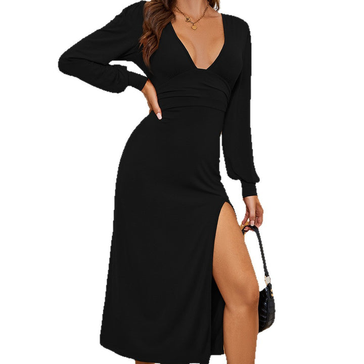 Damen Maxi-Kleid mit tiefem V-Ausschnitt und elegantem Schlitz Drune