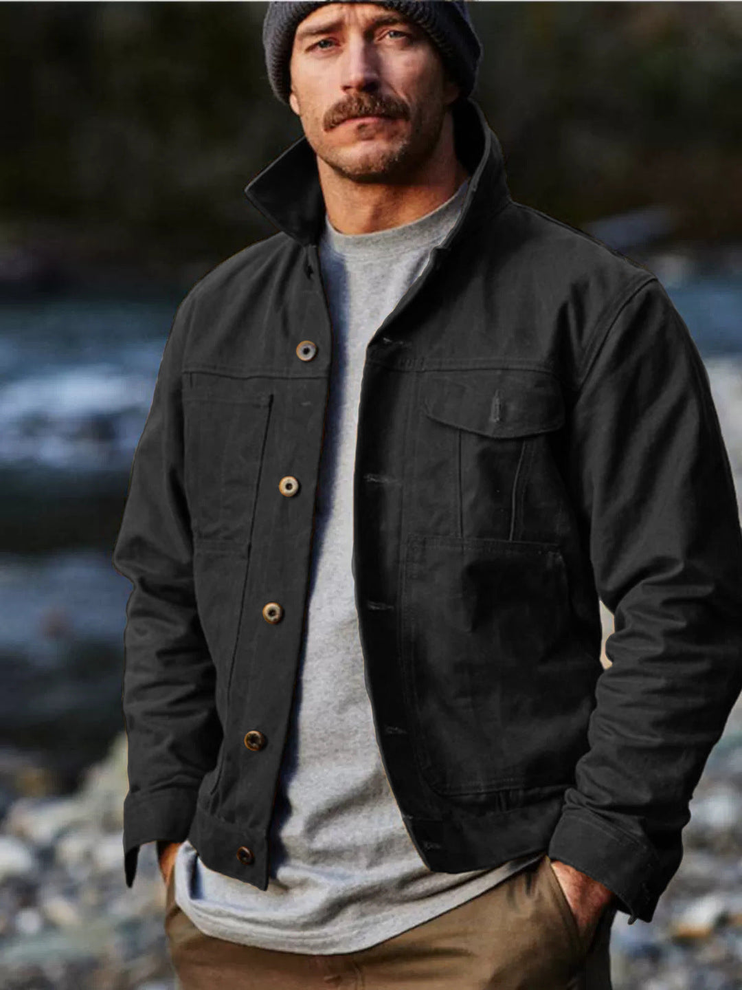 Herren leichte Utility-Jacke mit praktischen Taschen und stylischem Stehkragen Drune