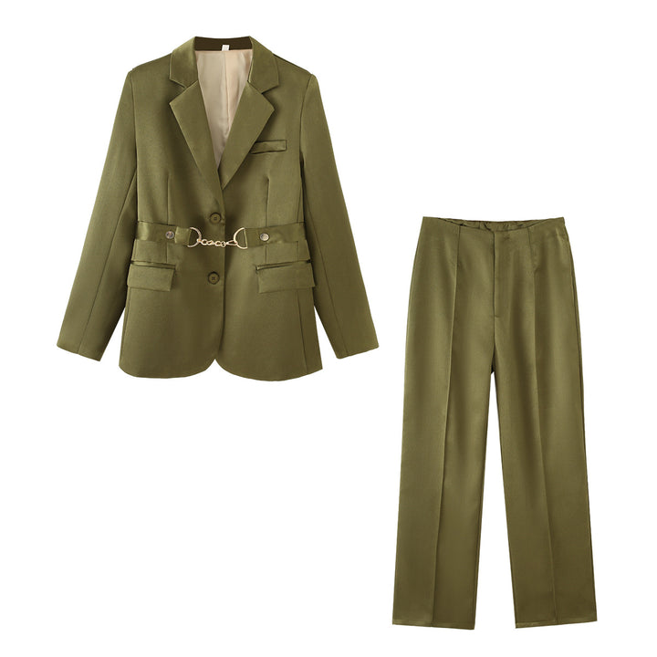 Damen elegantes Satin-Blazer-Set mit Kettenakzent Drune